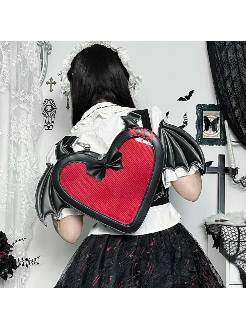 Gothic Heart Ita Bag Backpack Crossbody Purse with Bat Wings - Stylish & Unique